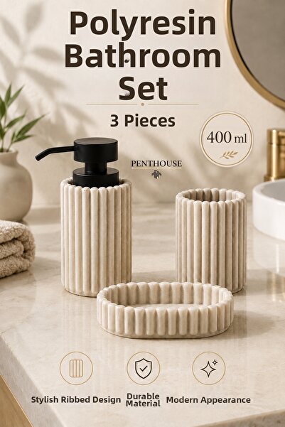 Penthouse 3 Piece Polyresin Bathroom Set Liquid Soap Dispenser, Toothbrush Ho...