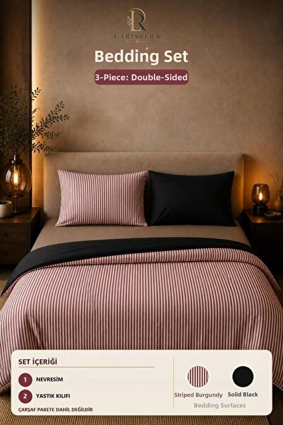 Larispera Double Sided Cotton Duvet Cover Set Striped-Solid Black 200X220Cm +...
