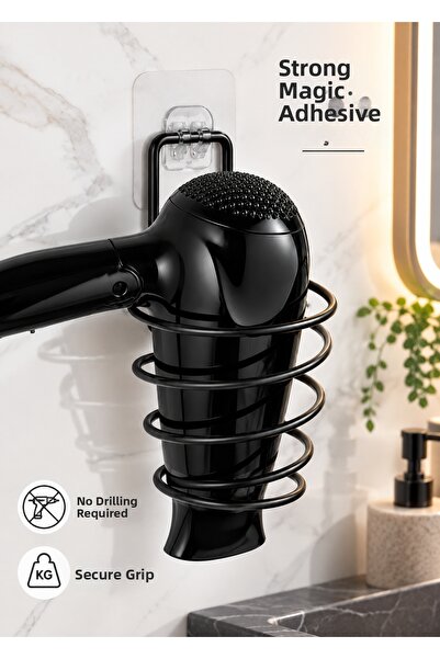 HSY STORE Adhesive Drill-Free Black Metal Hair Dryer Holder Bathroom Organize...