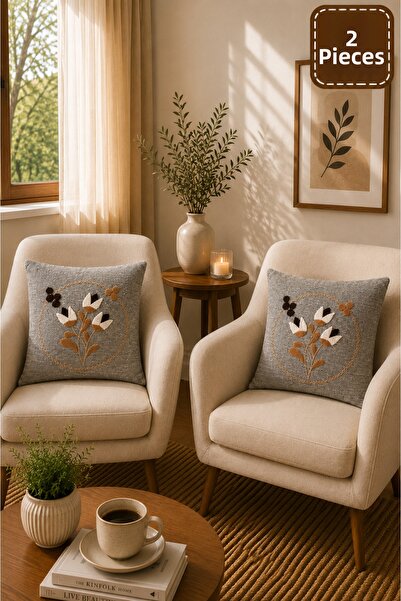 SEVMİŞ HOME 2 Piece Punch Cushion Cover 43X43 cm – Decorative Embroidered Cus...