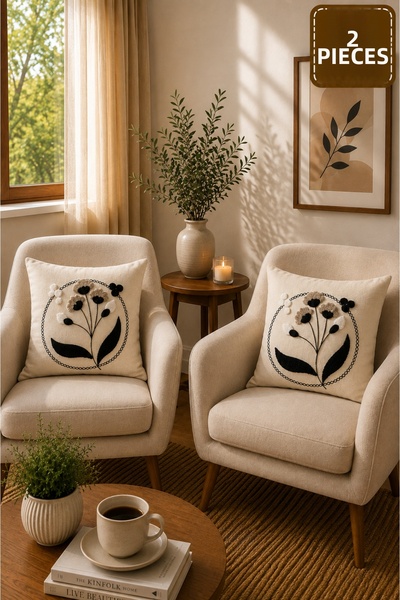 SEVMİŞ HOME 2 Piece Punch Cushion Cover 43X43 cm – Decorative Embroidered Cus...