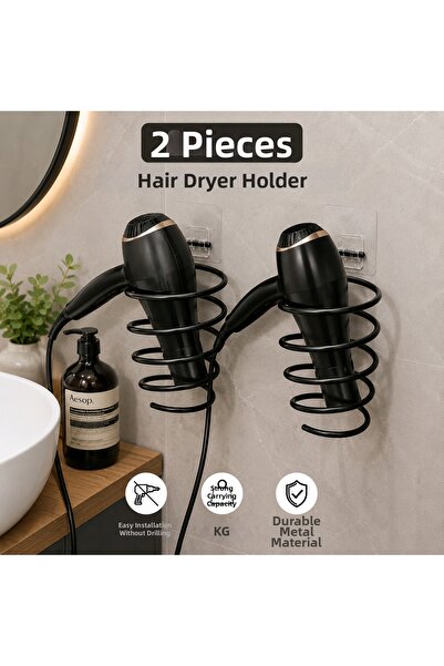HSY STORE 2 Pieces Hair Dryer Hanger Black Metal Blow Dryer Holder Adhesive W...