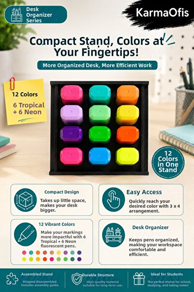 KarmaOfis 12 Color Highlighter Pen Stand Set |   6 Pastel Highlighter Pens | ...