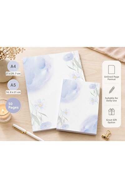 Miray Craft Blue Floral Patterned Set of 2 (A4-A5) Notepad - Notepad - Notepad