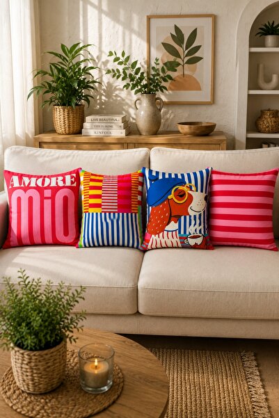 SEVMİŞ HOME 4 Pieces of Digital Printed Throw Pillow Covers 43X43 cm – Colorf...