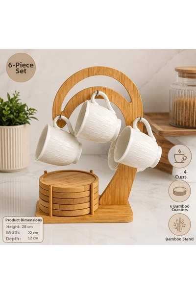 kumkumticaret 6-Piece Mug Set with Bamboo Stand – 6 Porcelain Mugs and 6 Bamb...
