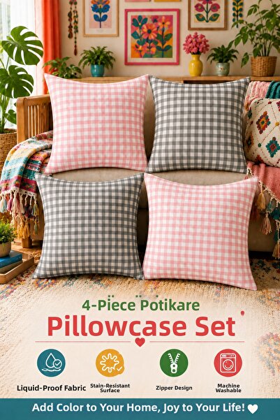 Soft Kare Set of 4 Colorful Gingham Cushion Covers 43X43 cm – Liquid-Proof an...