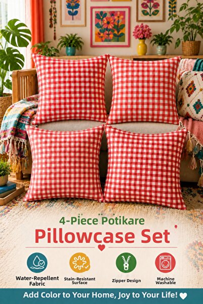 Soft Kare Set of 4 Colorful Gingham Cushion Covers 43X43 cm – Liquid-Proof an...