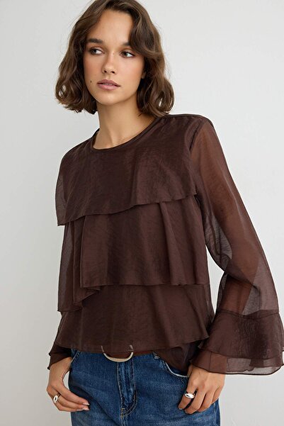 Trendyol Collection Brown Flounce Skirt Asymmetrical Stylish Woven Blouse Two...