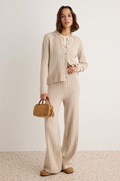 Trendyol Collection Beige Soft Textured Polo Collar Ribbed Cardigan Pants Kni...