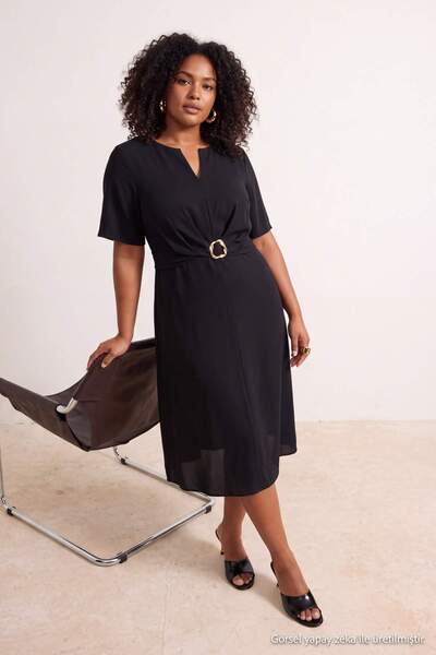 Trendyol Curve Black Woven Gold Accessory Detailed Plus Size Dress Tbbaw26Ah0...