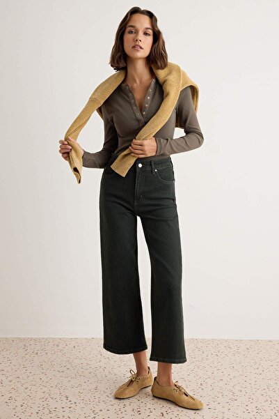 Trendyol Collection Dark Khaki Medium Stretch High Waist Ankle Length Culotte...