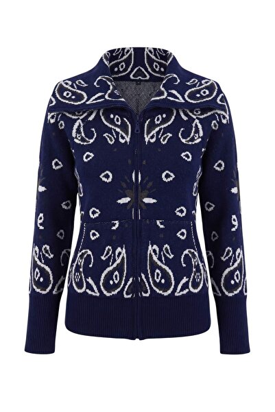 Trendyol Collection Navy Blue Ethnic Patterned Turn-Down Collar Knitwear Card...