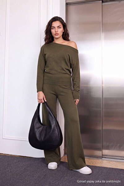 Trendyol Collection Khaki Boat Neck Detailed Sweater-Pants Knitwear Set - Top...