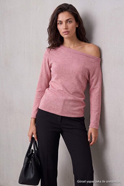 Trendyol Collection Pink Soft Textured Boat Neck Side Gathered Knitwear Sweat...