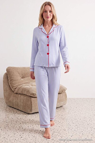 Trendyol Collection White-Blue Striped Heart Embroidered Bias Viscose Woven P...