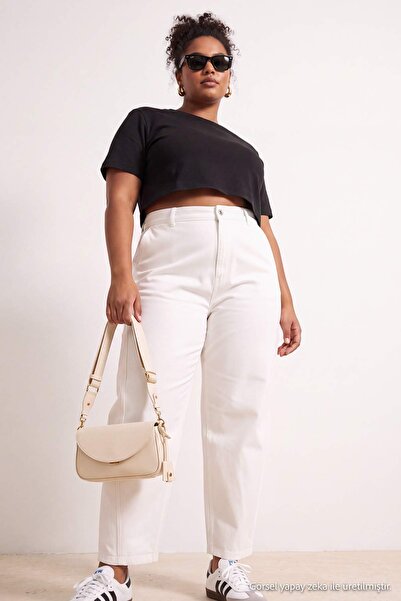 Trendyol Curve White Gabardine Thick Soft Buttoned Barrel Plus Size Trousers ...