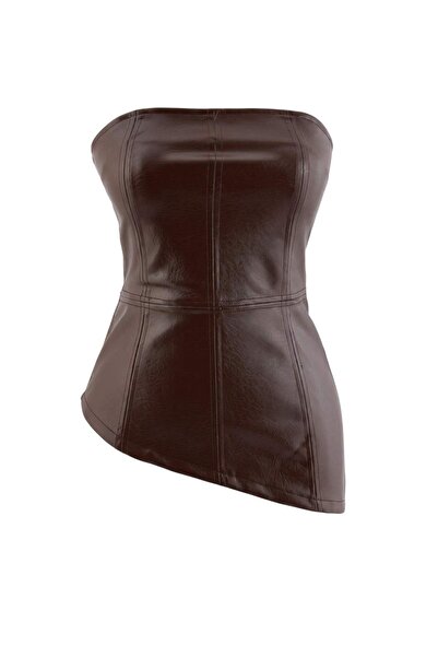 Trendyol Collection Brown Plain Fitted/Bodycon Strapless Sleeveless Asymmetri...