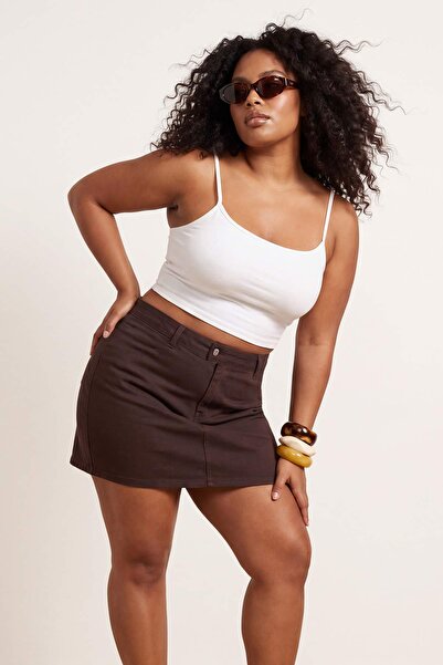 Trendyol Curve Brown High Elastic Waist Mini 100% Cotton Non-Stretch Denim Sh...