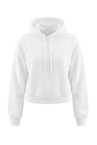 Trendyol Collection White Plain Regular Hooded Low Sleeve Long Crop 3 Thread ...