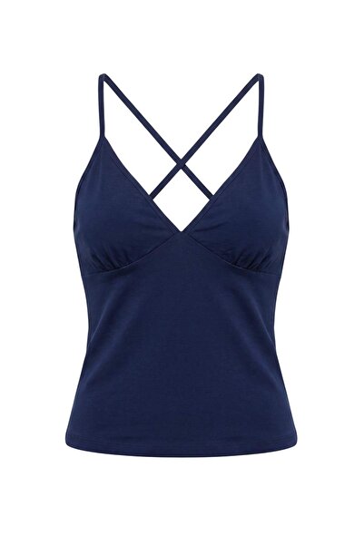 Trendyol Collection Navy Blue Striped Fitted V-Neck Thin Strap Sleeveless Cot...