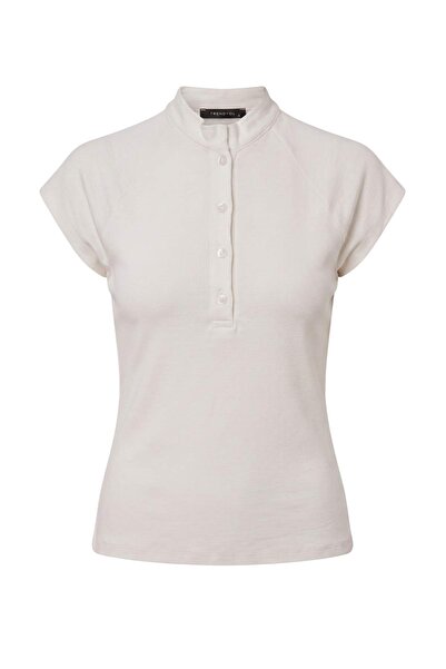 Trendyol Collection Ecru Striped Fitted High Neck Raglan Short Sleeve Viscose...
