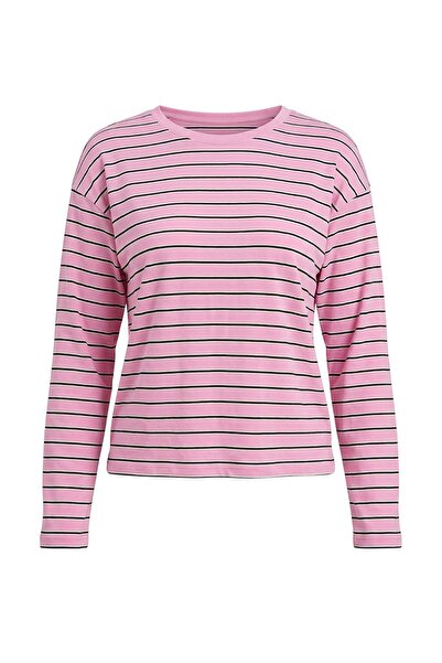 Trendyol Collection Pink Striped Premium Oversize/Wide Cut Crew Neck Interloc...