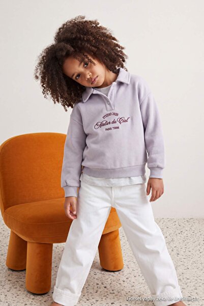TRENDYOLKIDS Grau meliertes, mit Slogan bedrucktes, schulterfreies Mädchen-Sw...