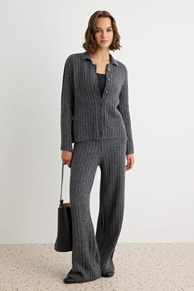 Trendyol Collection Anthracite Soft Textured Polo Collar Ribbed Cardigan Pant...