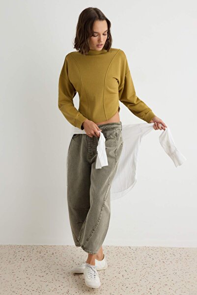 Trendyol Collection Khaki Patchwork Thick Oversize Wide Cut Stand Collar Knit...