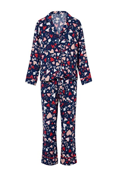 Trendyol Collection Navy Blue Heart Shally Woven Pajama Set Thmaw24Pt00091