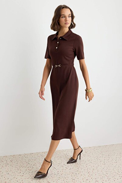 Trendyol Collection Brown Belted Three Quarter Sleeve a Line/Flared Straight ...