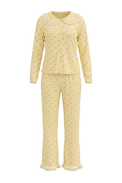 Trendyol Collection Yellow 100% Cotton Ribbon Patterned Collar and Lace Detai...