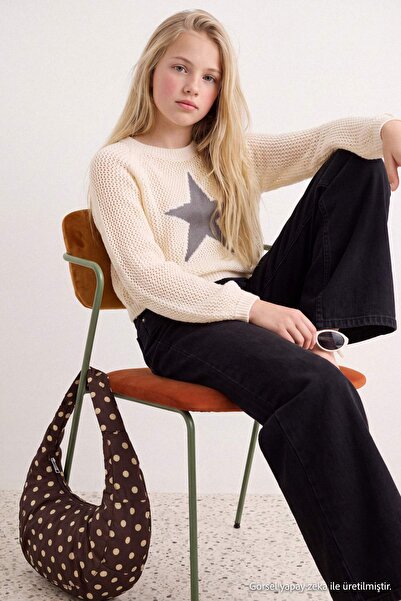 TRENDYOLKIDS Ecru Girls' Soft Textured Star Patterned Knitwear Sweater Tkdaw2...