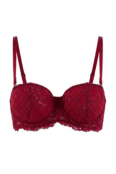 Trendyol Collection Burgundy Lace Covered Balconette Knitted Bra with String ...