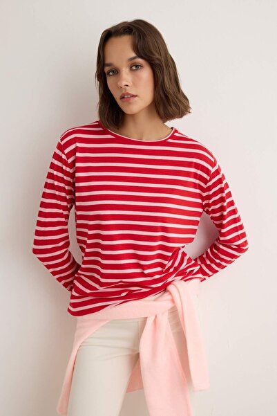 Trendyol Collection Red-Pink Striped Regular/Normal Fit Basic Crew Neck Knitt...