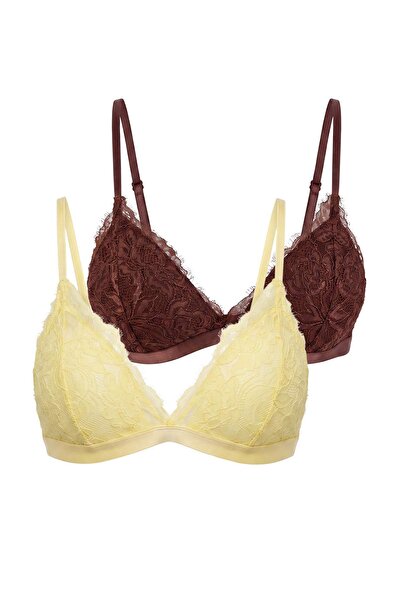 Trendyol Collection Yellow-Brown 2-Piece Lace Underwire Openwork Stitching Ca...