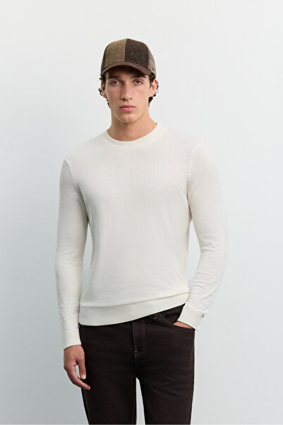 Avva Men's Ecru Crew Neck Viscose Blend Basic Knitwear Regular Fit Sweater B0...
