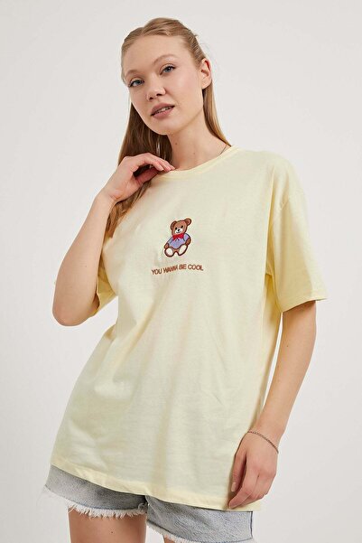 Arma Life Women's Teddy Bear Patterned Short Sleeve Yellow Oversize T-Shirt