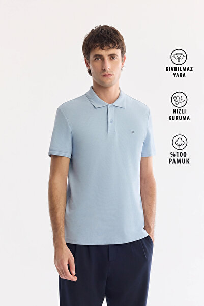 Avva Erkek Mavi Kıvrılmaz Polo Yaka %100 Pamuk Basic Regular Fit T-Shirt B001032