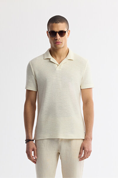 Avva Erkek Ekru Apaj Yaka Çizgili Pamuklu Jakarlı Regular Fit T-Shirt A51Y1152