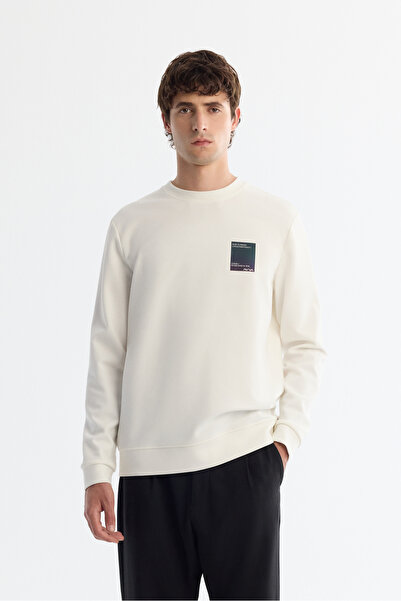 Avva Erkek Ekru Bisiklet Yaka Pamuklu Baskılı Elastan Regular Fit Sweatshirt ...