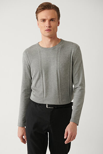 Avva Grauer Strickpullover aus Baumwolle mit Rundhalsausschnitt für Herren A3...