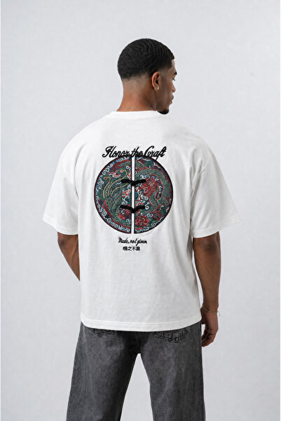 Respire Men's Craft Embroidery Detailed Oversize T-Shirt Ecru