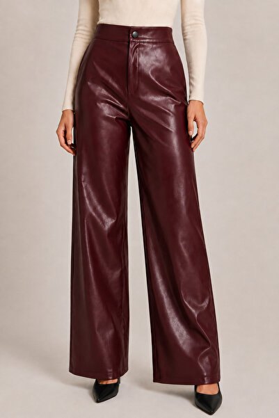 Grenj Fashion Burgundy Faux Leather Wide Leg/ Wide Leg Pocket Detailed Trousers