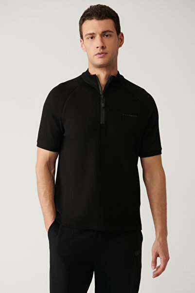 Avva Tricou pentru bărbați, negru, cu guler vertical, cu jumătate de fermoar,...