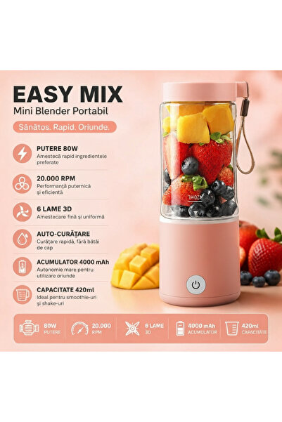 Generic Mini Portable Electric Blender 80W, 4000 mAh Battery, Pink, 420ml