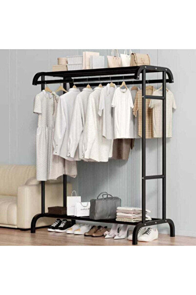 Generic Double Metal Clothes Rack, 2 Shelves and Double Bar, 50kg, Black
