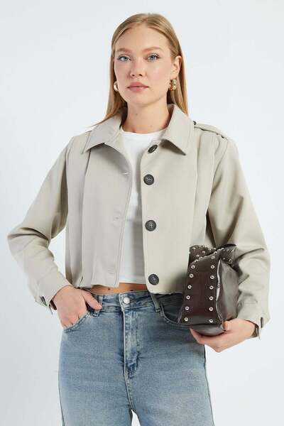Fulla Moda Pleated Double-Breasted Collar Cropped Trench Coat