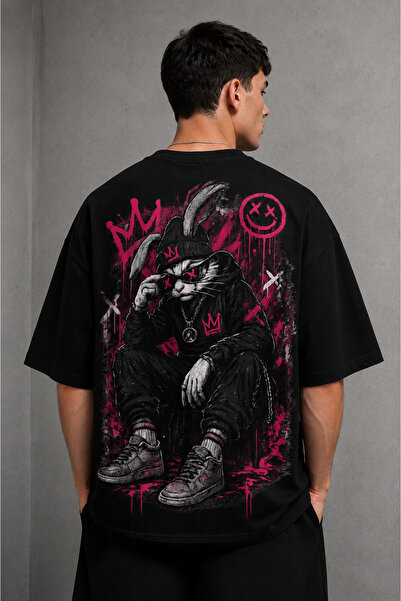 Vanteon Erkek Siyah Oversize Sırt Baskılı Streetwear Tişört – Rabbit